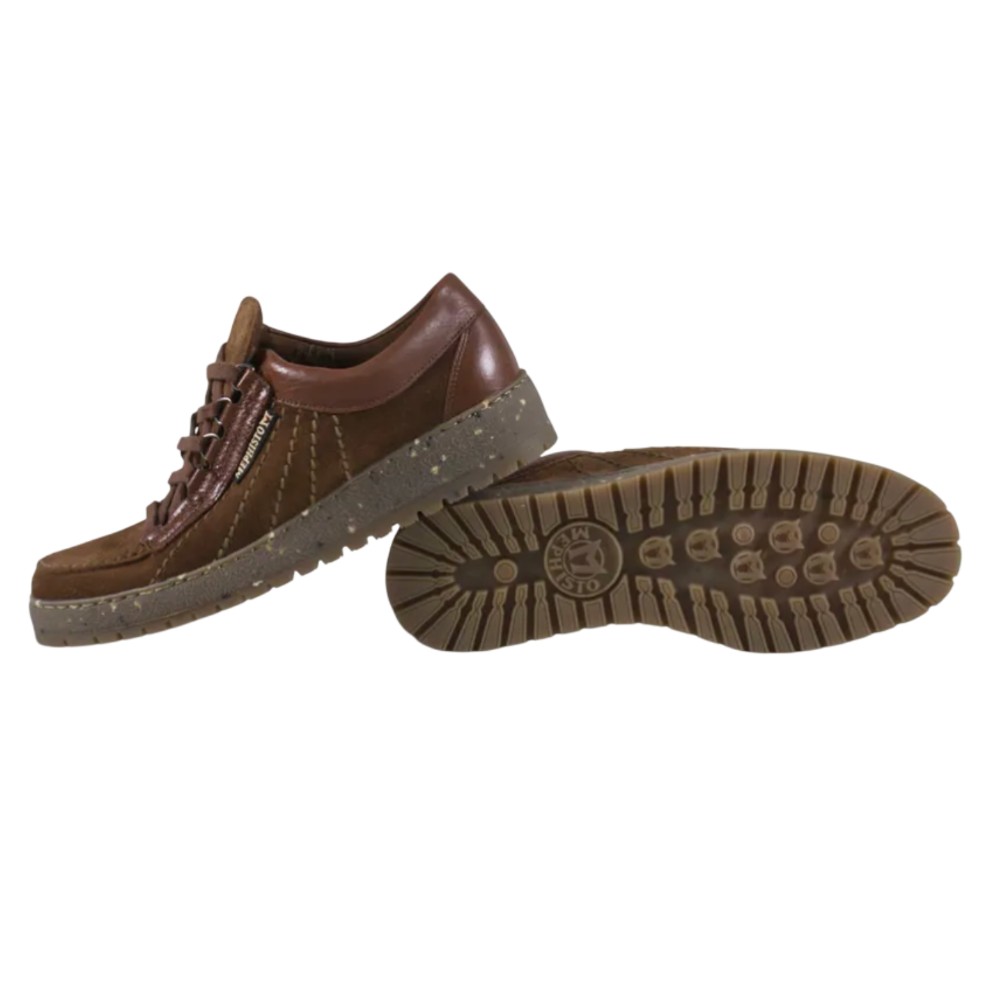 Brown leather shoes with a textured sole on a white background