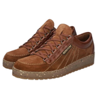 Pair of brown suede shoes with a brand logo on a white background