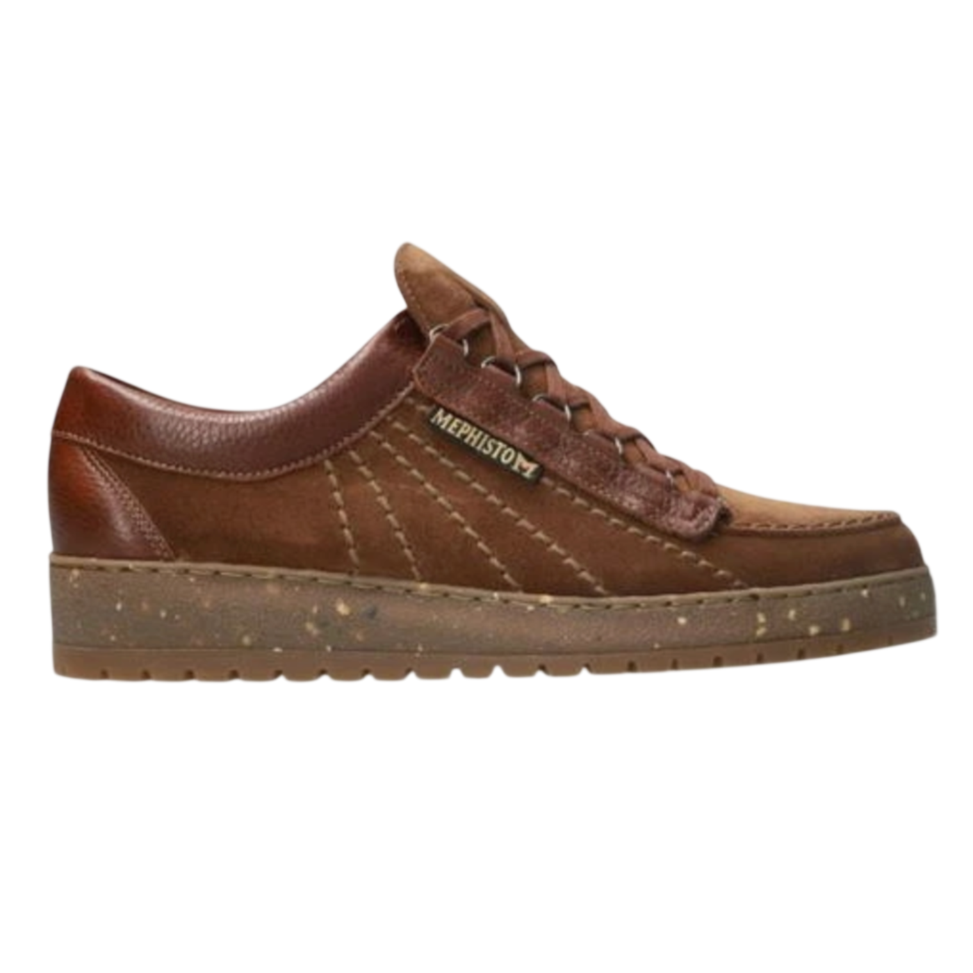 Brown leather shoe with visible brand logo on a white background