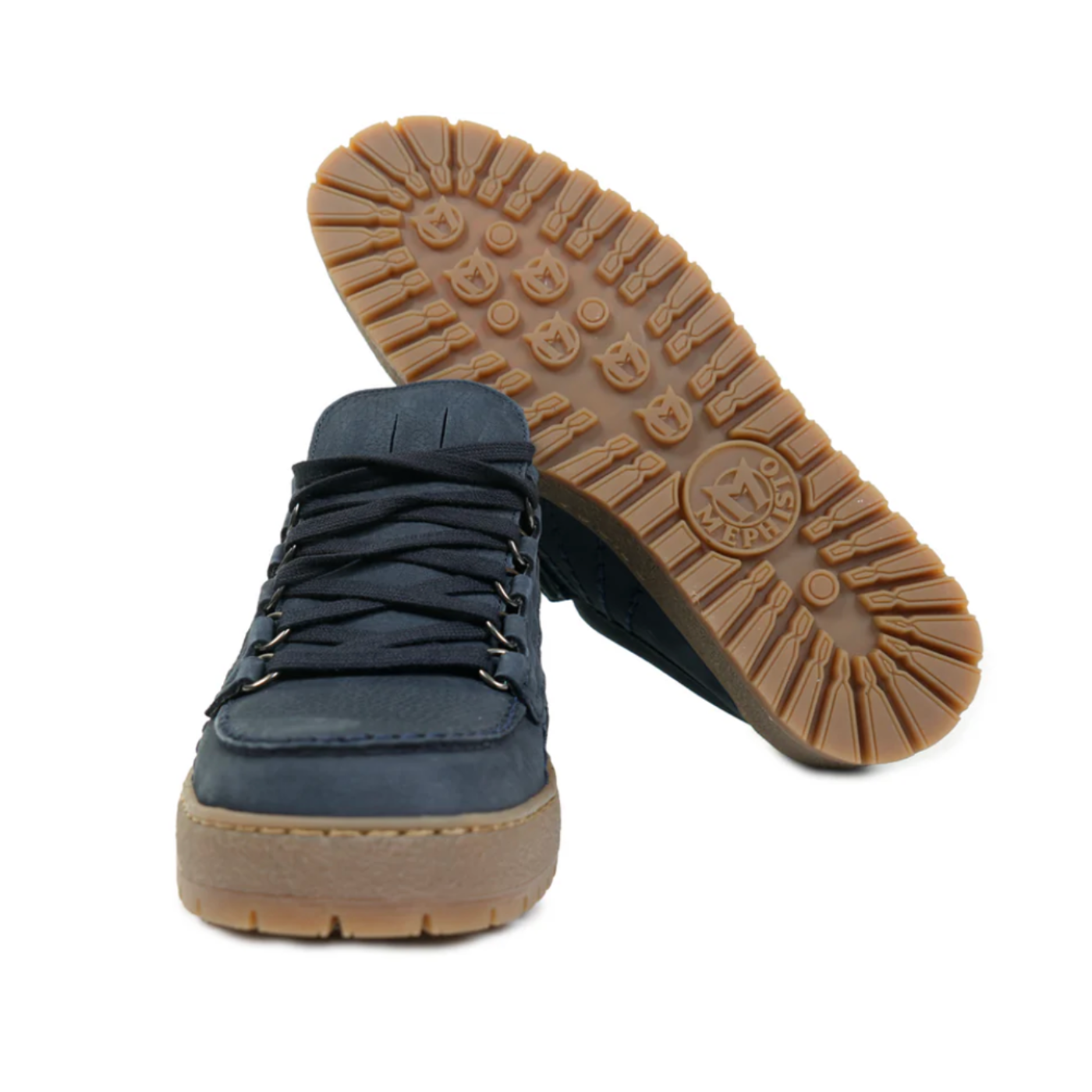 Blue ankle boot with brown sole on a white background