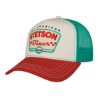 Stetson Diner cap with red brim, green mesh back, and white front panel on a white background