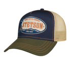 Stetson cap with navy blue and beige mesh design on a white background