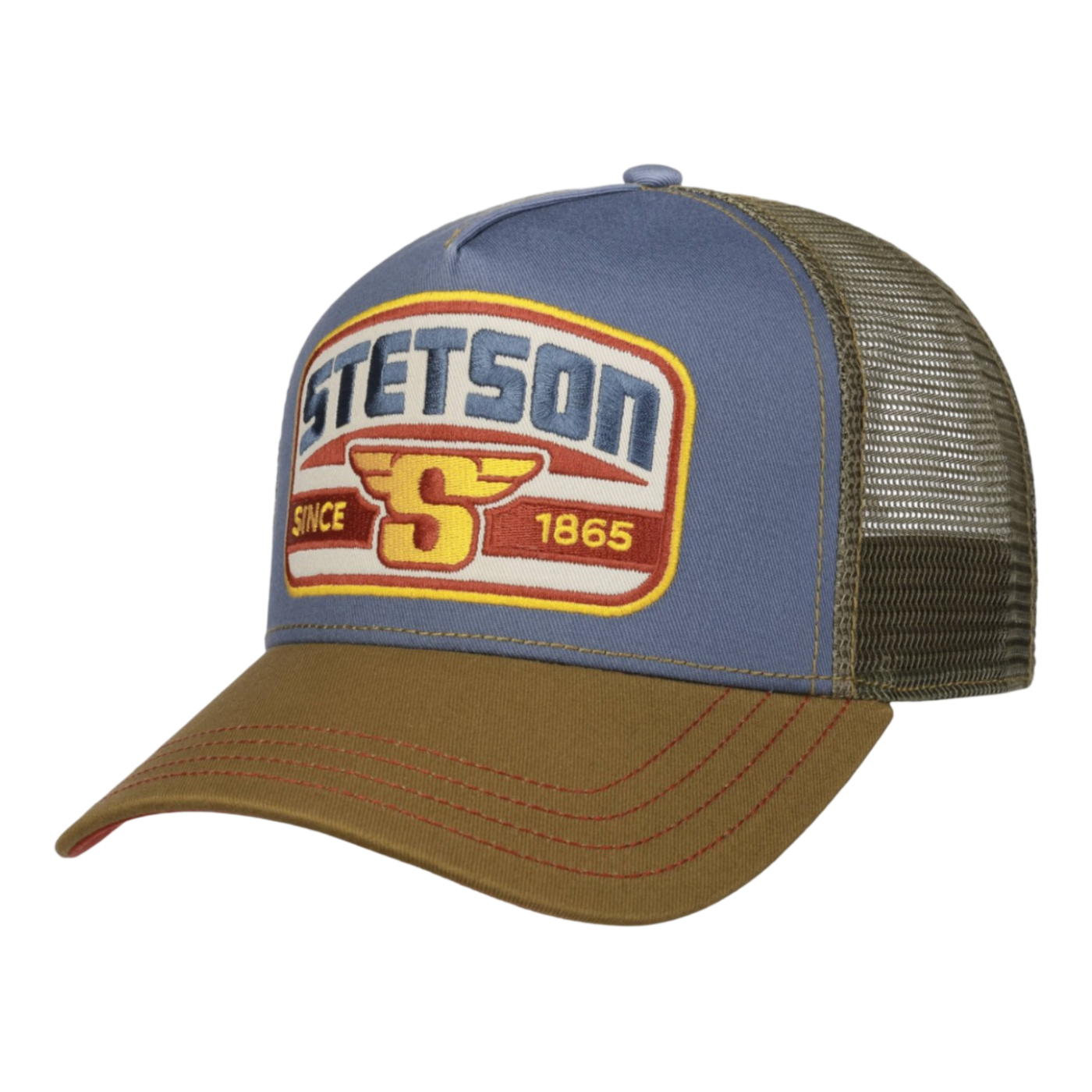 Blue and brown trucker hat with Stetson logo on a white background