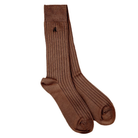 Brown sock with a small logo on a white background