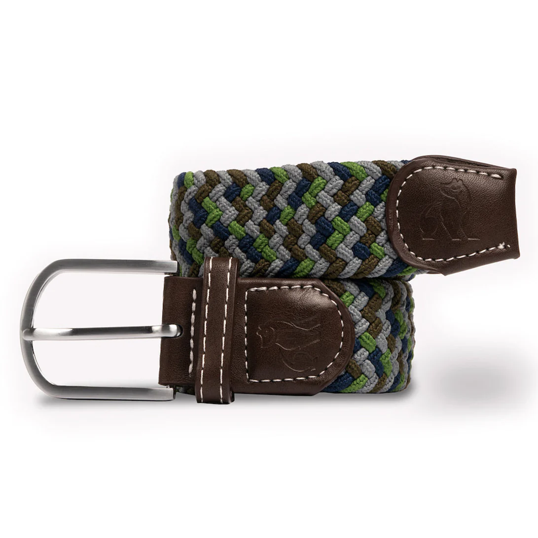 Woven belt with leather accents on a white background