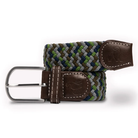 Woven belt with leather accents on a white background