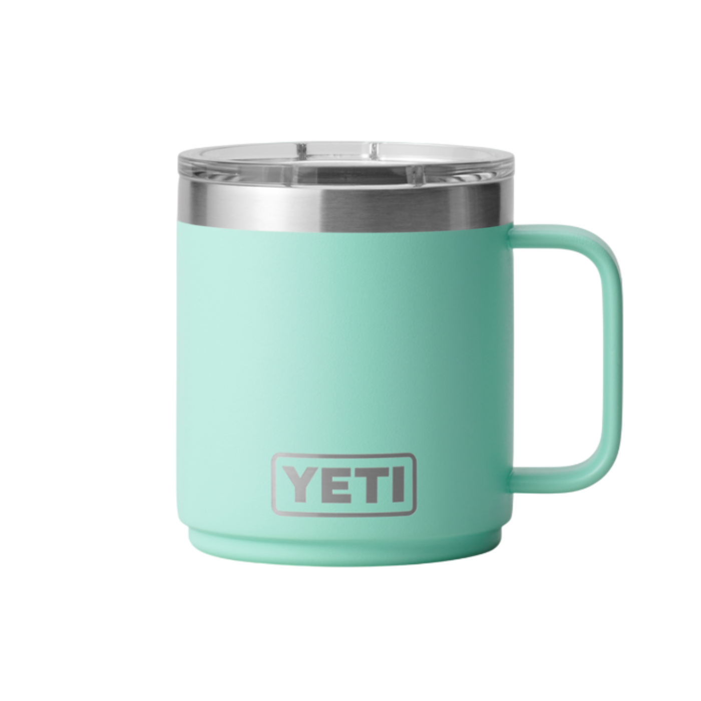 Mint green YETI mug with a silver interior on a white background
