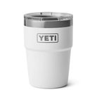 White YETI tumbler with a silver rim on a white background