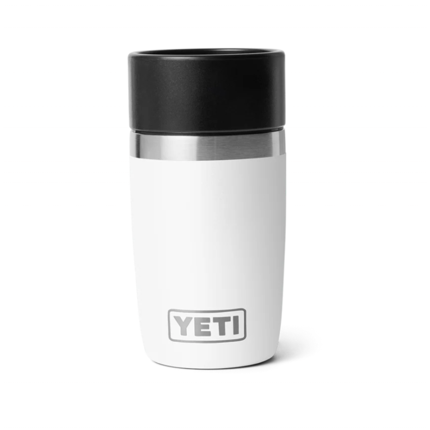 White YETI mug with a black lid on a white background