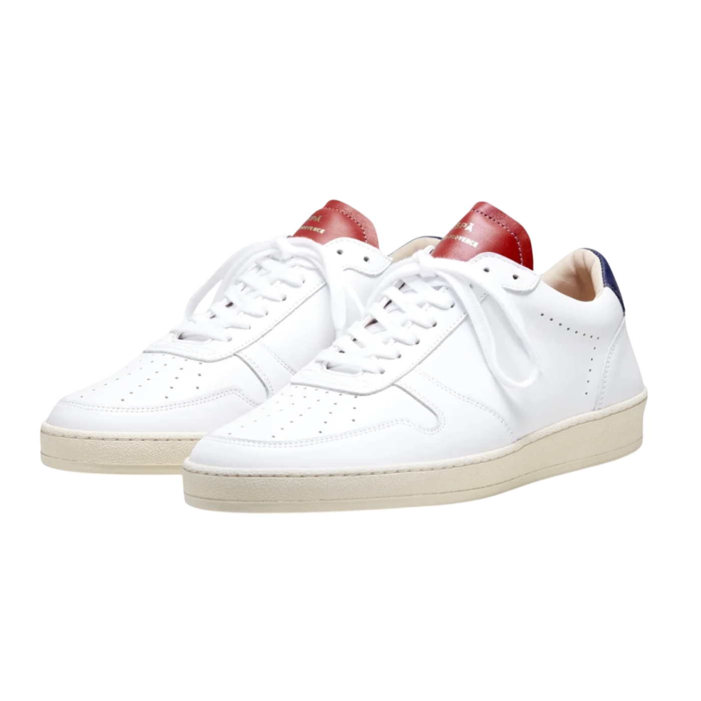White sneakers with red accents on a white background