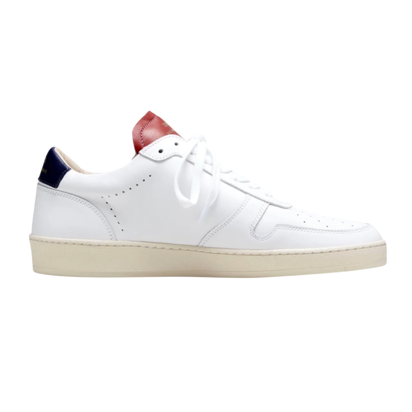 White sneaker with red and blue accents on a white background