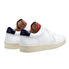 White sneakers with red and blue accents on a white background